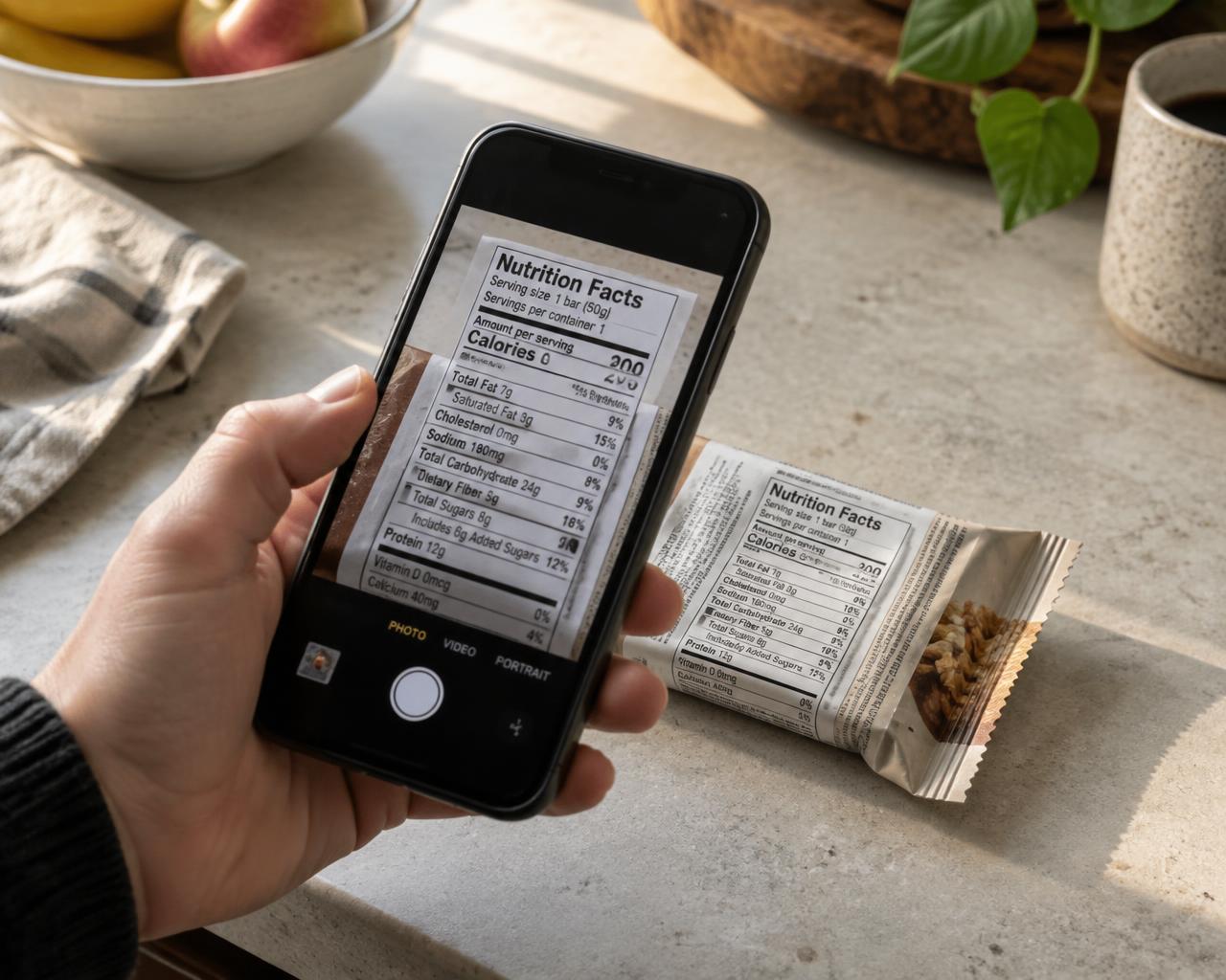 Phone scanning a nutrition facts label on a protein bar
